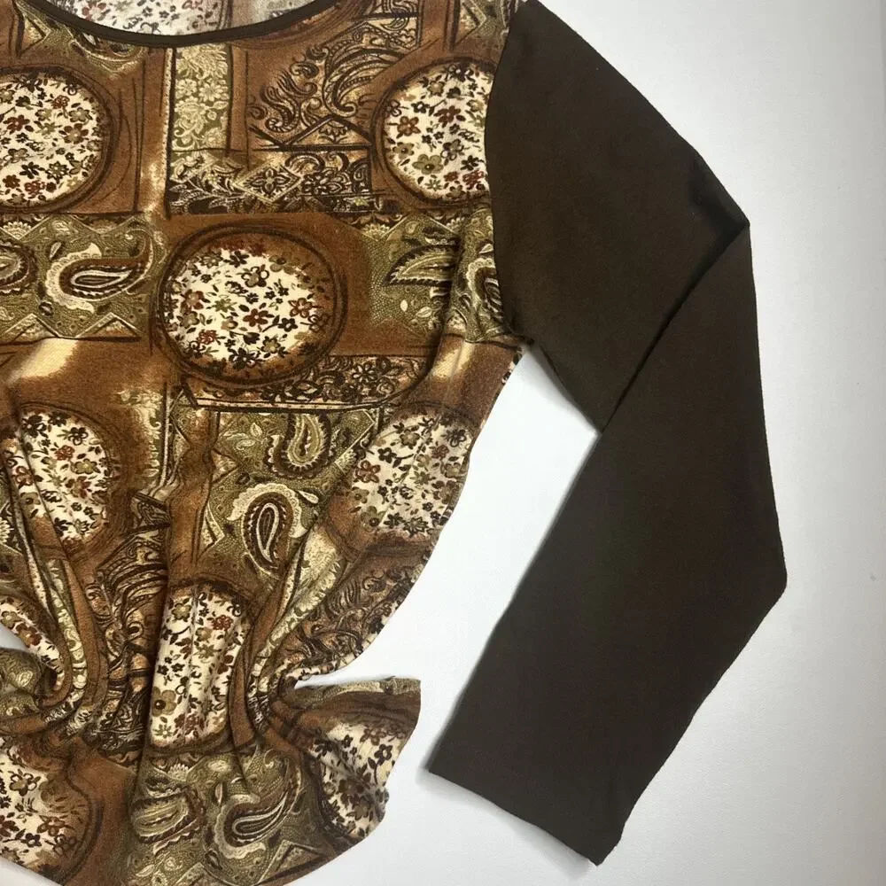 Vintage Y2K Brown Baroque Paisley Top M Whimsigoth Fairy Grunge Long Sleeve Boho